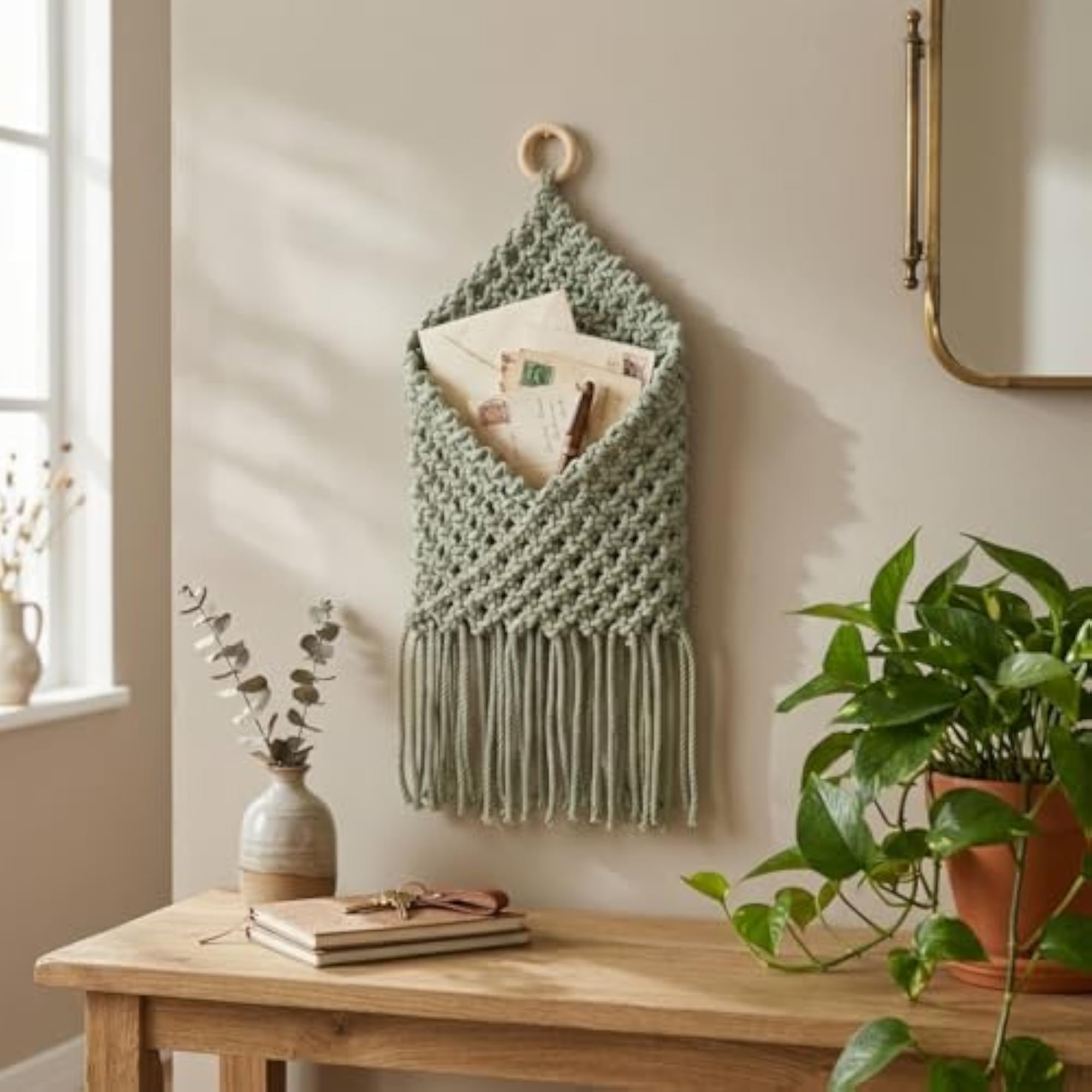 Macrame Wall Hanging Pocket, Handwoven Cotton Boho Organizer